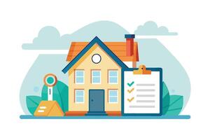 A simple, flat illustration depicting a checklist on a clipboard and a yellow house, suggesting a home buying process. vector
