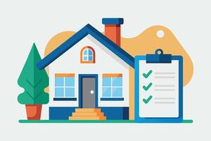 A simple illustration of a small house with a checklist next to it, all completed. vector