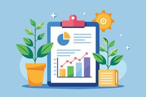 A colorful illustration featuring a clipboard with a pie chart and bar graph, a line graph showing growth, and two potted plants. vector