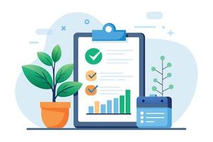An illustration depicting a checklist, a bar graph, and a calendar on a desk with two potted plants. vector