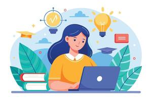 A woman is sitting at a desk, using a laptop to study. She is surrounded by books and other learning symbols. vector