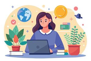 An illustration of a woman working on her laptop computer in a home office setting, surrounded by plants and a globe. vector