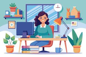 An illustration of a woman working at her desk in a home office. She is smiling and looking at the computer screen. There is a desk lamp, a stack of books, and a potted plant on the desk. vector