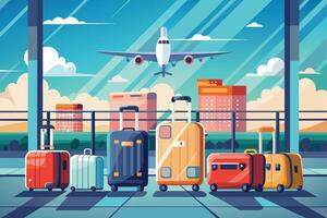 An illustration of six suitcases lined up at an airport terminal with an airplane flying overhead. vector