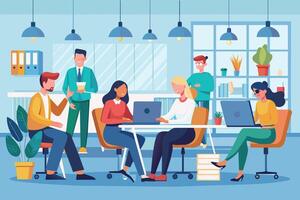 An illustration depicting a group of office workers collaborating on a project during the daytime. They are sitting at a table working on laptops, while one man stands and speaks with a colleague. vector