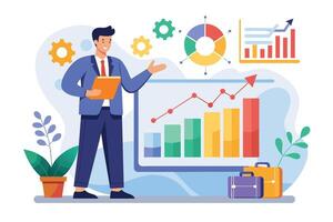 A smiling businessman presents a bar chart with an upward trend line, showcasing positive growth and success. vector