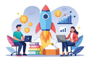 Two business professionals work on their laptops as a rocket launches into the sky, symbolizing their business growth and success. vector