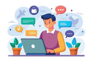 An illustration of a smiling man sitting at a desk using a laptop with colorful chat bubbles, icons, and plants around him. vector