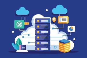 A colorful illustration depicting cloud computing, with multiple servers, network connections, and cloud icons. vector