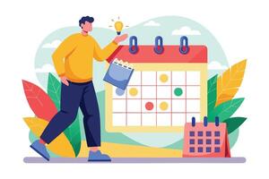Illustration of a man walking towards a large calendar with a lightbulb above his head, representing a new idea or inspiration. vector