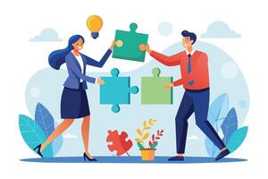 Two business partners are working together to complete a puzzle, with a lightbulb idea above them, symbolizing their collaborative effort and innovative thinking. vector