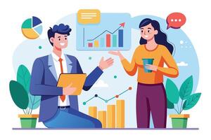 A businessman and a woman are having a conversation in a modern office. They are both looking at a chart displaying upward growth trends. vector