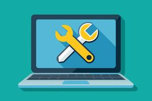 Illustration of a laptop computer with a blue screen displaying a flat design of two crossed wrenches. vector
