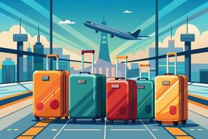 Five suitcases stand in a row at an airport, ready for travel. They are lined up in front of a large window overlooking the city and a plane taking off. vector