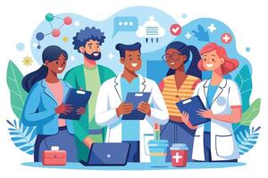 A diverse group of healthcare professionals, including doctors and nurses, are shown working together in a modern setting. They are all smiling and appear to be happy and confident in their work. vector
