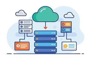 A stylized illustration depicting cloud computing and data storage with servers, featuring a cloud connected to multiple servers, representing data transfer and storage. vector
