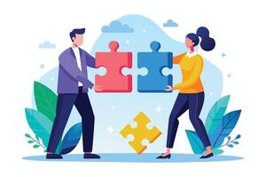 A man and a woman hold large red and blue puzzle pieces, representing teamwork and collaboration. vector