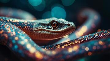 A vibrantly colored snake, its scales gleaming, coils itself with an alert posture. one eye in sharp focus, taking in its surroundings with an almost predatory awareness. photo