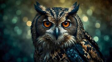 An owl with captivating bright orange eyes gazing directly at the camera. A majestic owl with vibrant orange eyes, gazing directly at the camera with a sense of curiosity and wisdom. photo
