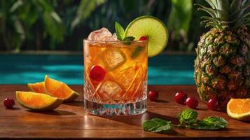 Mai Tai. It is a cocktail made of rum, liqueur, orgeat syrup, and lime juice. Refreshing drink with lime juice, mint and crushed ice. photo
