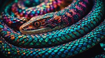 A vibrantly colored snake, its scales gleaming, coils itself with an alert posture. one eye in sharp focus, taking in its surroundings with an almost predatory awareness. photo