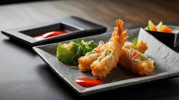 Tempura. tenpura. It is a typical Japanese dish that usually consists of seafood and vegetables that have been coated in a thin batter and deep fried. photo