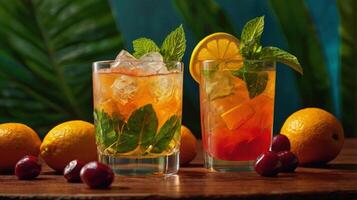 Mai Tai. It is a cocktail made of rum, liqueur, orgeat syrup, and lime juice. Refreshing drink with lime juice, mint and crushed ice. photo