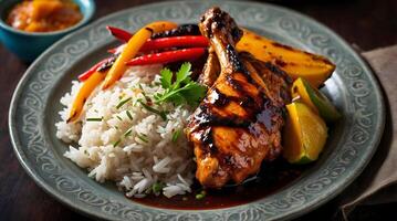 Jerk Chicken. Delicious Grilled Jerk Chicken on a Plate with Rice and vegetable. photo