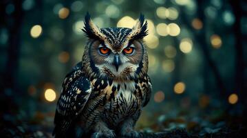 An owl with captivating bright orange eyes gazing directly at the camera. A majestic owl with vibrant orange eyes, gazing directly at the camera with a sense of curiosity and wisdom. photo