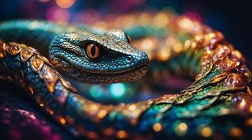 A vibrantly colored snake, its scales gleaming, coils itself with an alert posture. one eye in sharp focus, taking in its surroundings with an almost predatory awareness. photo