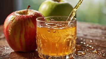 Apple juice. Freshly pressed juice. Organic Juice with Fruit. Natural Apple Juice Close Up. Homemade Apple Juice. photo