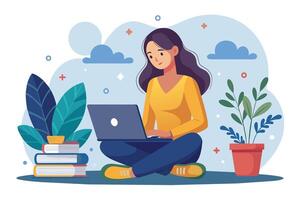 A woman sits cross-legged on the floor, using a laptop. She is surrounded by plants and books, creating a relaxed work environment. vector