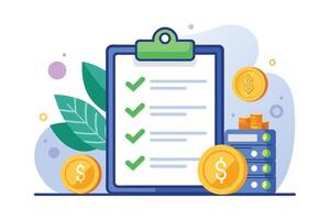 An illustration depicting a checklist for effective financial management with dollar coins and a database server, suggesting financial planning and organization. vector