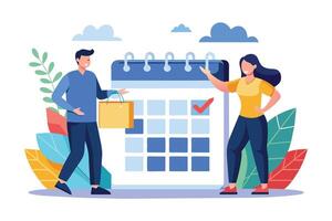 An illustration of a man and woman standing in front of a large calendar with a checkmark on a specific date, signifying a scheduled shopping trip. vector