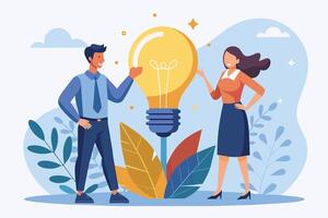 Two business professionals stand in front of a large lightbulb, discussing a new idea. vector