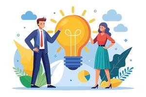 A man and woman stand smiling in front of a giant lightbulb, signifying a bright new idea for their business. vector