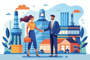A woman and man in business attire shake hands in front of modern buildings, representing a successful partnership or collaboration. vector