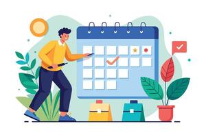 An illustration of a man marking dates on a calendar with a checkmark and star. He is using a marker and standing in front of a large calendar with several dates marked. vector