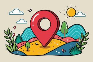 A colorful cartoon illustration depicting a red location pin on a sunny landscape with rolling hills, trees, and clouds. vector