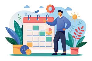 A man points at a calendar with a schedule and pie chart, highlighting the importance of planning and organization. vector
