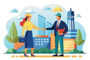 Two people in professional attire shake hands in front of a city skyline. A woman in a hard hat holds a briefcase while a man in a suit holds a folder. vector