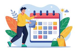 A man is adding a shopping bag to a calendar to remind him of an upcoming event. The calendar has colored squares indicating the dates. vector