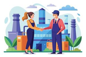 A woman and a man shake hands in front of a large factory building, signifying a business partnership or agreement. vector