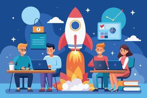 A team of four people work on laptops at their desks with a rocket launching in the background, signifying a successful business venture or a new project. vector