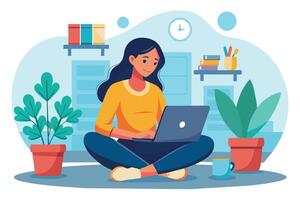 A woman in a yellow shirt and blue jeans sits cross-legged on the floor, working on a laptop in a home office setting. vector