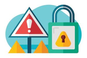 A red warning sign with an exclamation mark is beside a green padlock with a keyhole. The background is a light blue color. vector