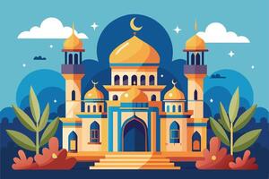A colorful illustration depicting a mosque with golden domes and minarets, set against a blue night sky with clouds and stars. vector
