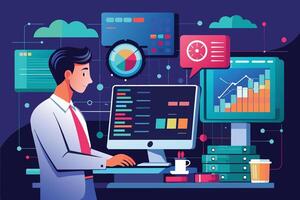 Illustration of a businessman working at his computer, surrounded by data visualizations and charts representing financial performance. vector