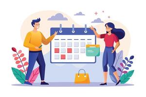 An illustration depicting two people standing in front of a large calendar, discussing their schedule and planning their day. vector