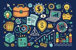 This illustration features colorful doodles depicting various business and finance concepts such as money, graphs, charts, and technology. vector